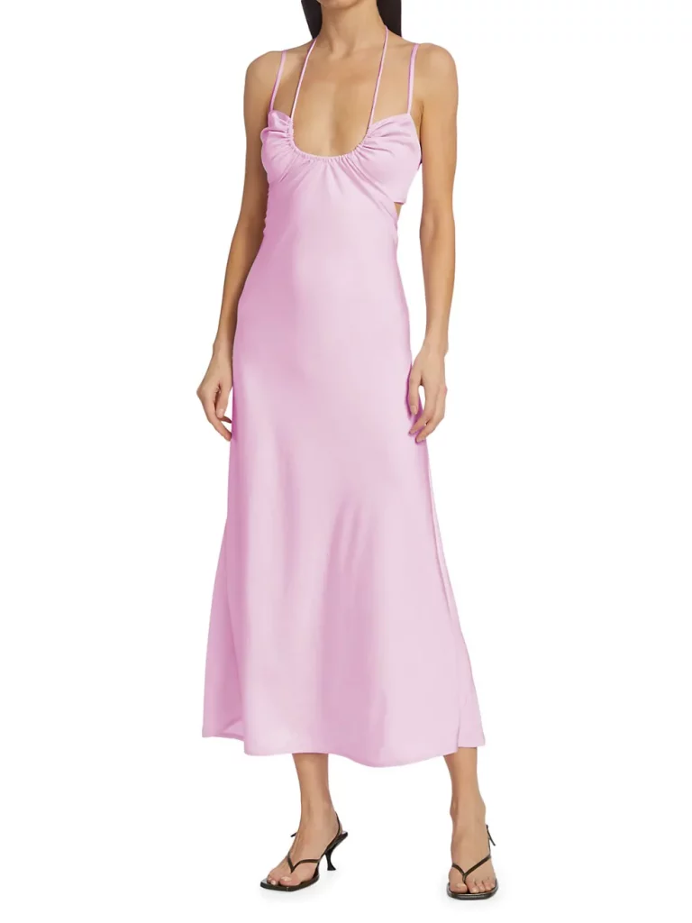 Orchid satin midi dress with scoop neckline.