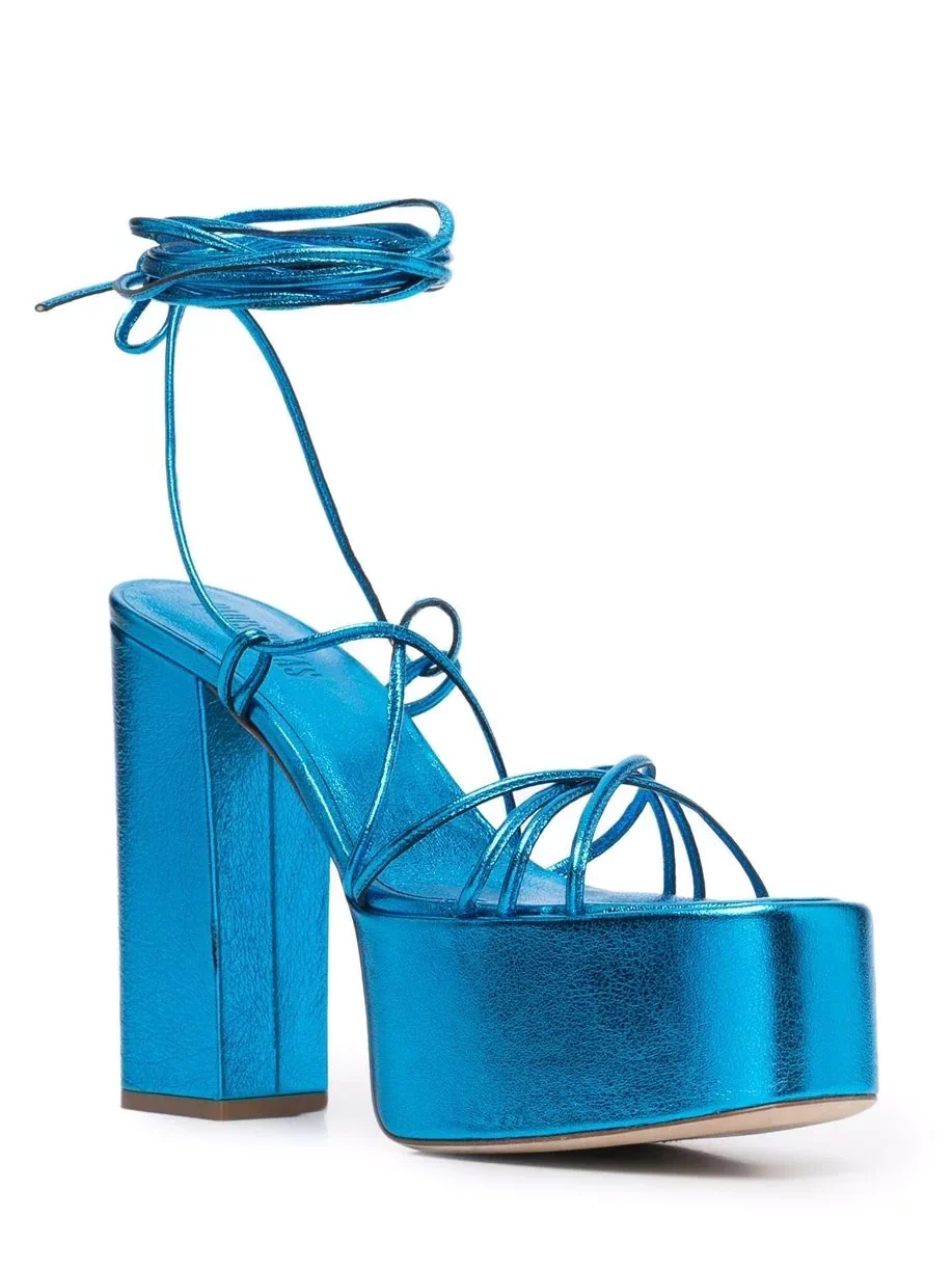 Strappy metallic teal platform heels